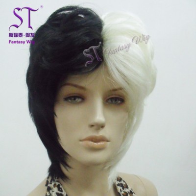 Half White Half Black Good Quality Shoulder-Length 14" Flame Resistant Synthetic Hair Bob Wig For Marie Antoinette Costume