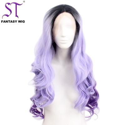 Cheap Synthetic Lace Front Wigs Wholesale Purple Mixed Color Long Curly Wig For Party