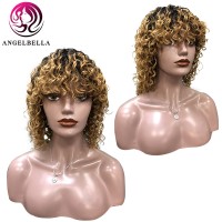 Angelbella Brazilian Human Hair Curly Wigs With Bangs Ombre Color Blonde Curly Afro Wigs For Women